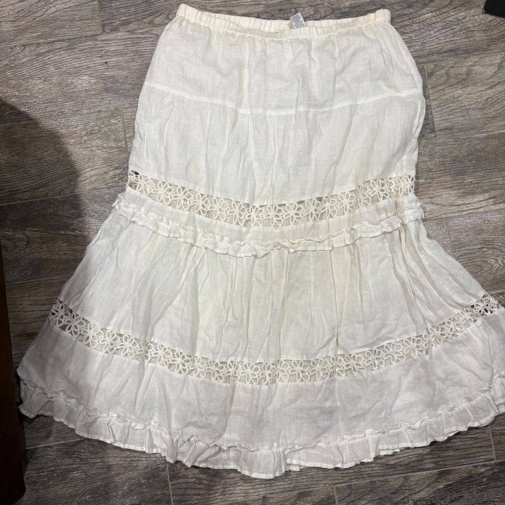 Chicos White Linen Tiered Maxi Skirt Floral Crochet Lace Ruffle Boho Sz 2 (L) - Picture 3 of 9